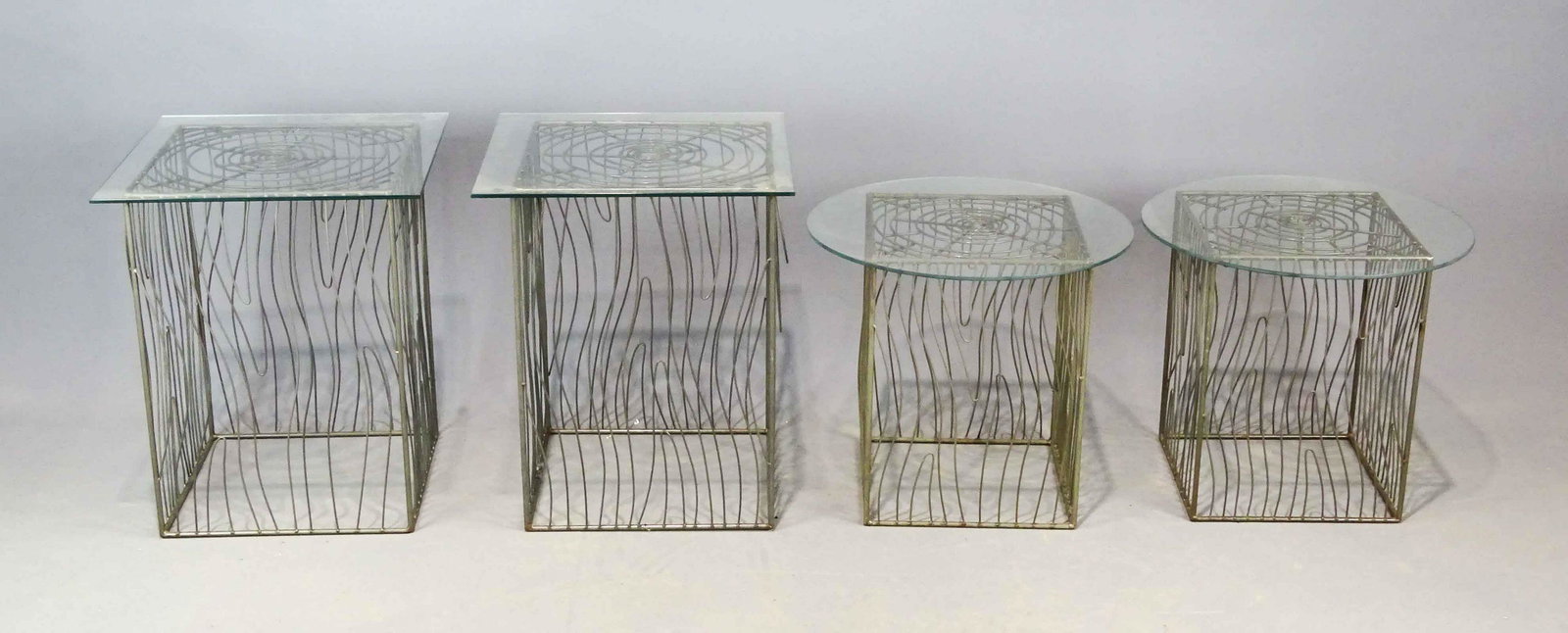 Decorative Wire Tables: Set of (4) decorative wire tables. Two 12" x 12" x 16", the other two 14" x 14" x 20".
