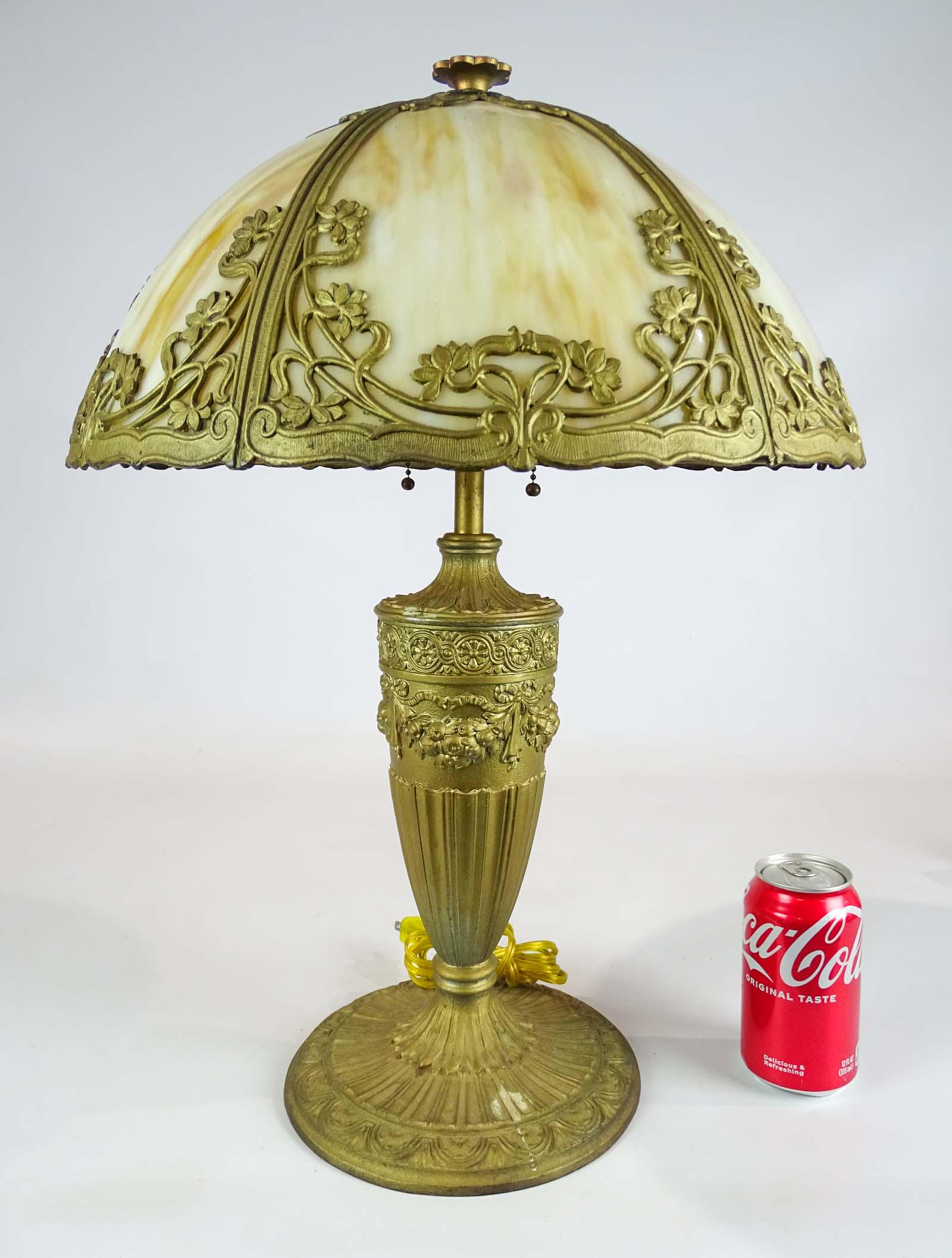 Slag Glass Lamp: Early slag glass table lamp. 22" Ht..