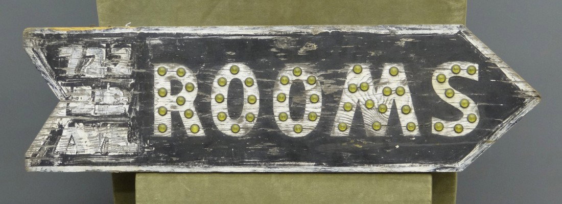 Trade Sign: Wooden arrow "Rooms" sign with cats eye reflectors, has address 722 2nd Ave. (double sided). 42" x 11 3/4" on 1 3/4" thick board. 46 reflectors on each side.