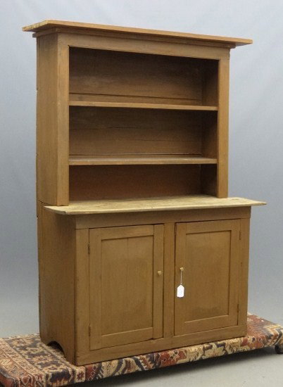 19th c. Open Top Cupboard: 19th c. 2 part open top stepback cupboard in old red/brown paint. 53 1/2" W 23 1/2" D 73" Ht.