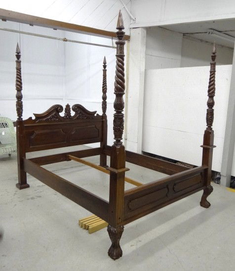 Carved Bed: Contemporary carved four poster bed. 64 1/2" W 94" Length, 87" Ht.