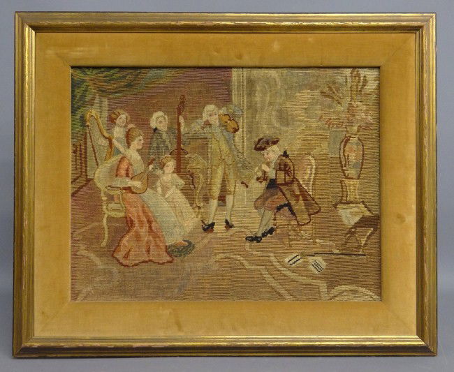 Needlework: Early framed French needlework. Site 16" x 21".