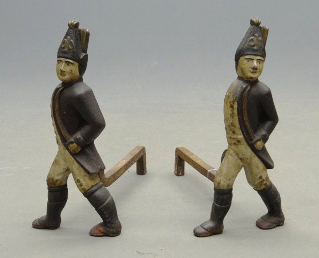 Hessian Andirons: Pair 19th c. Hessian andirons in early paint. 19 1/2" Ht.