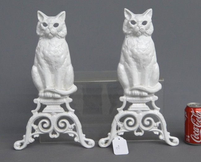 Andirons: Pair cat andirons (missing dogs). 17" Ht.