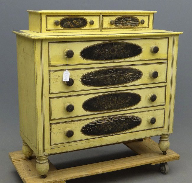 19th c. Painted Chest Drawers: 19th c. Sheraton painted turned foot chest of drawers. 44" W 18" D 44" Ht.