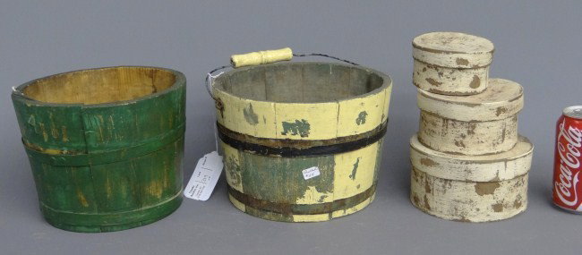 Primitive Lot: Primitive lot including 3 cardboard pantry boxes and 2 early buckets.6 1/2" Ht. each.