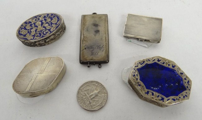 Sterling Silver Lot: Misc. sterling and 800 lot including enamel decorated oval pill box (800), octagonal Lapis decorated box (unmarked), 2 pill boxes (830 and sterling), sterling card case. 82 Grams total weight.
