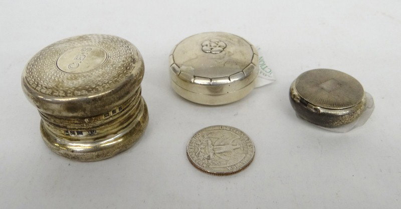 Sterling Silver Pill Boxes: Lot 3 sterling silver pill boxes. 56 Grams total weight.