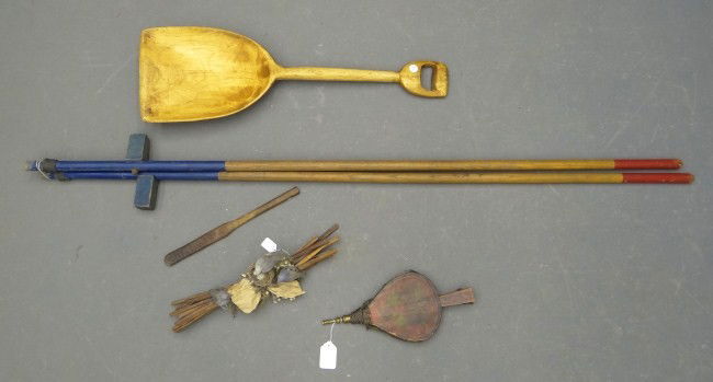 Misc. Lot: Misc. lot including grain shovel, pr. stilts, bellows, wash stick and bird sculpture.