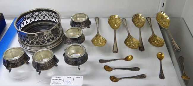 Misc. Lot: Misc. lot including (5) salt cellars, champagne coaster, (6) berry spoons etc.