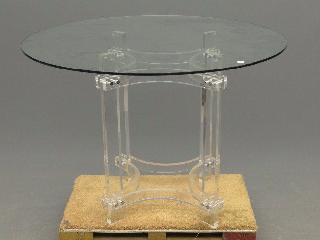 Lucite Table: Lucite glass top table attributed to Karl Springer. Top 42" Diameter, 28 1/2" Ht.