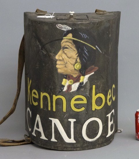 Kennebuc Advertising Pack: Early "Kennebuc Canoe" tin advertising back-pack. 20" Ht., has leather straps.