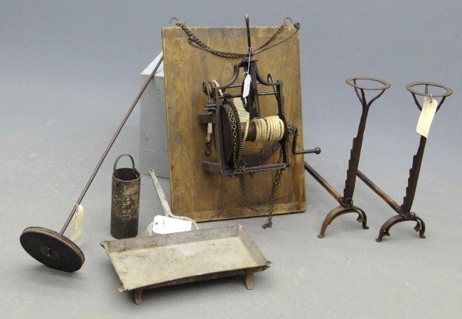 19th c. Clock Jack: 19th c. clock jack with accessories including weight, andirons, pan etc.