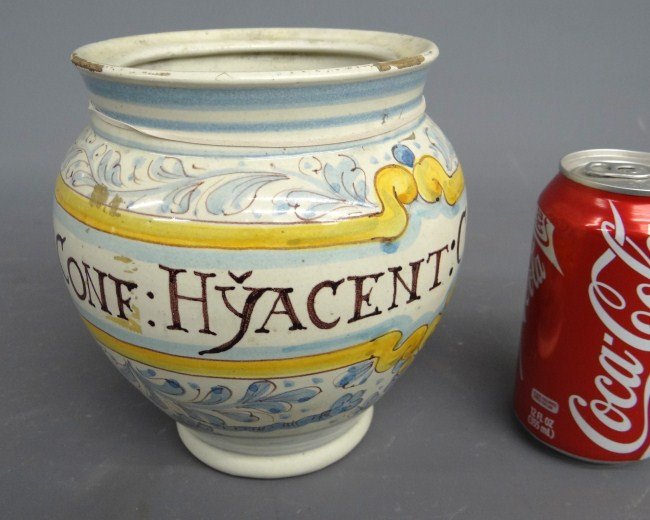 Early Continental Jar: Early continental "Hyacent...." jar. 7" Ht.. As found.