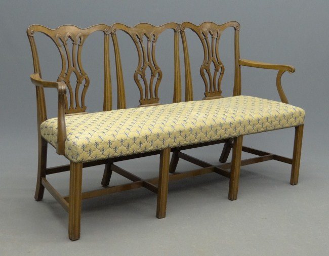 Chippendale Style Settee: Custom mahogany Chippendale style triple back settee. 63" W 23" D 36" Ht.