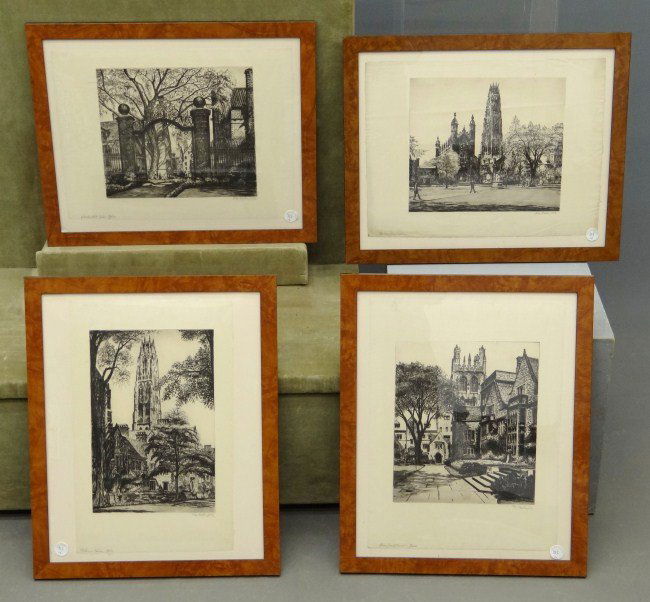 Max Kuehne Signed Etchings: Set of (4) framed signed and titled Max Kuehne etchings. All from Yale College. Sites 13 3/4" x 18 1/2".