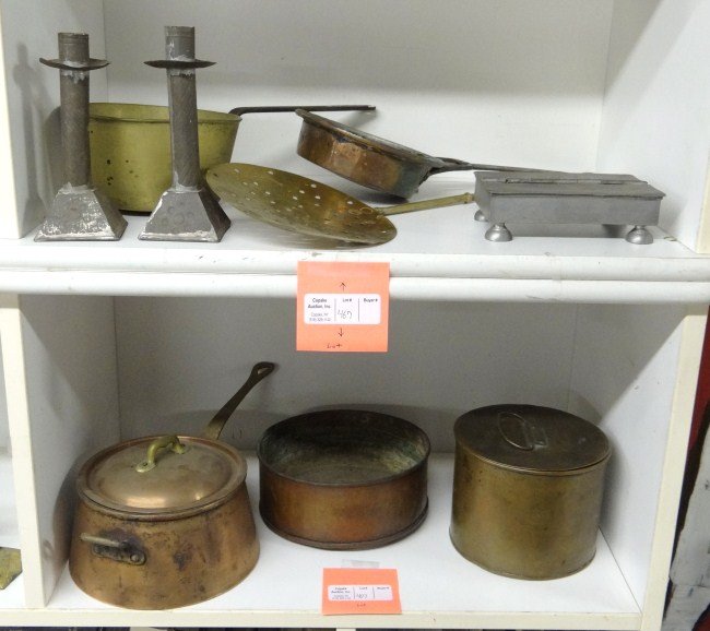 Metalware: Lot metalware including early pewter double lid box, strainer, pr. tin candlesticks, copper etc.