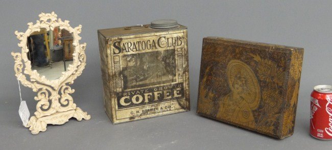 Misc. Lot: Misc. lot including "Saratoga Club" coffee container, dresser mirror and Flemish art box.