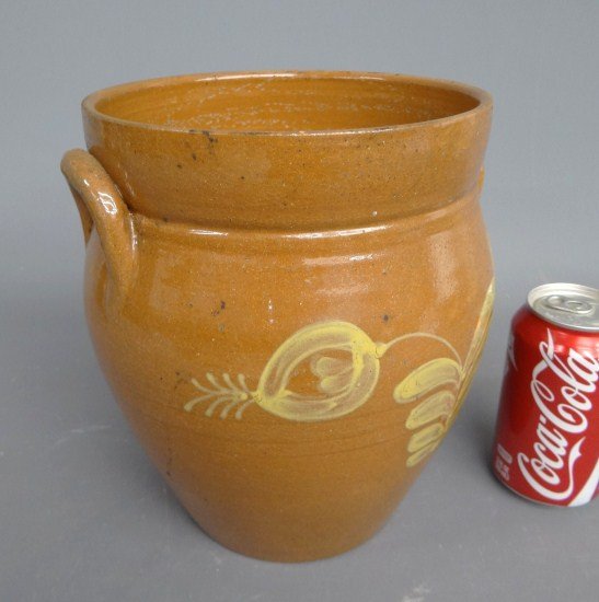 Redware Crock: Redware (2) handled crock. 9 1/4" Ht.