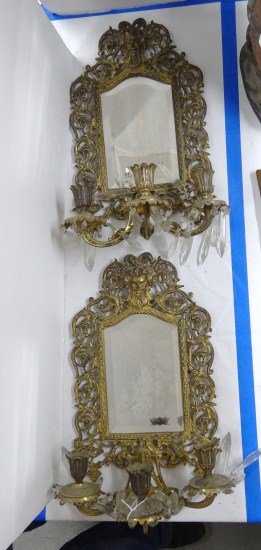 Bradley & Hubbard Sconces: Pair early brass and glass signed Bradley and Hubbard sconces. 16" Ht.