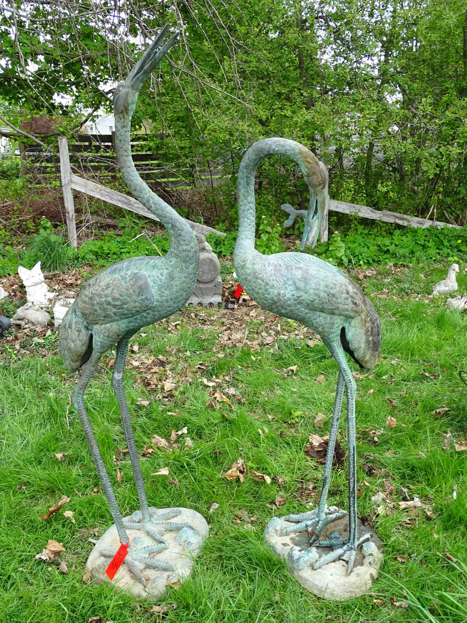 Pair of Crane Fountains: Pair of metal crane fountains. 69" Ht..