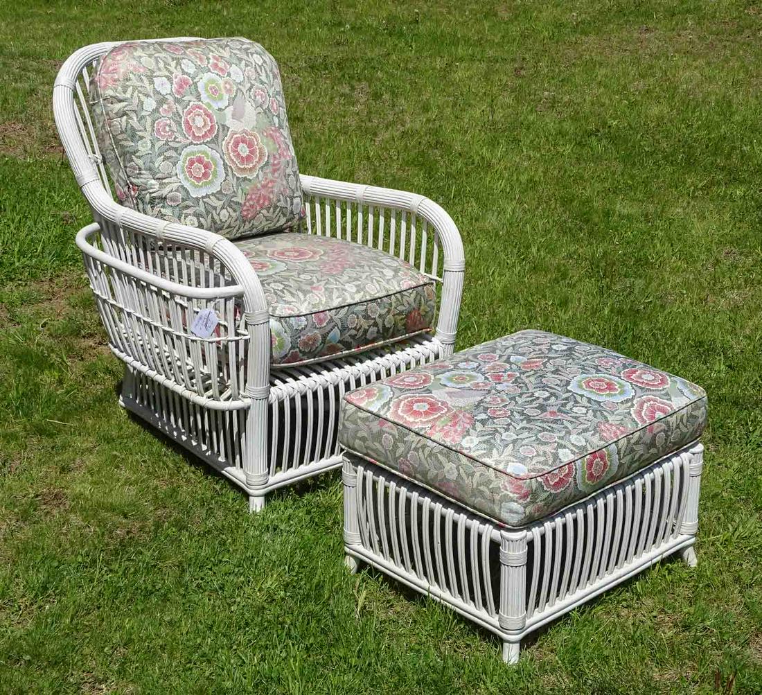 Rattan Chair & Ottoman: Rattan arm chair with magazine holder and matching ottoman.