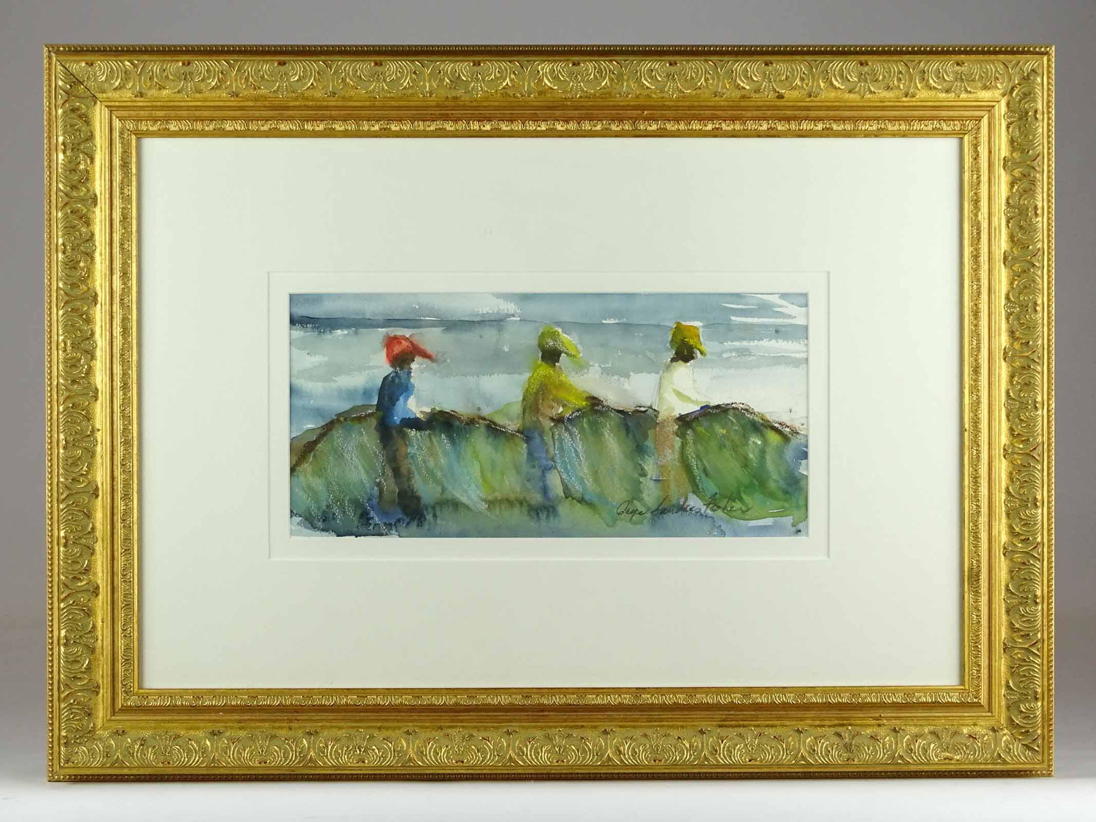 Painting: Seascape, Gaye Fisher Haiti: Water color seascape painting with 3 figures, Gaye Fisher Haiti. Sight 6" x 12 1/2". Frame 18" x 25".