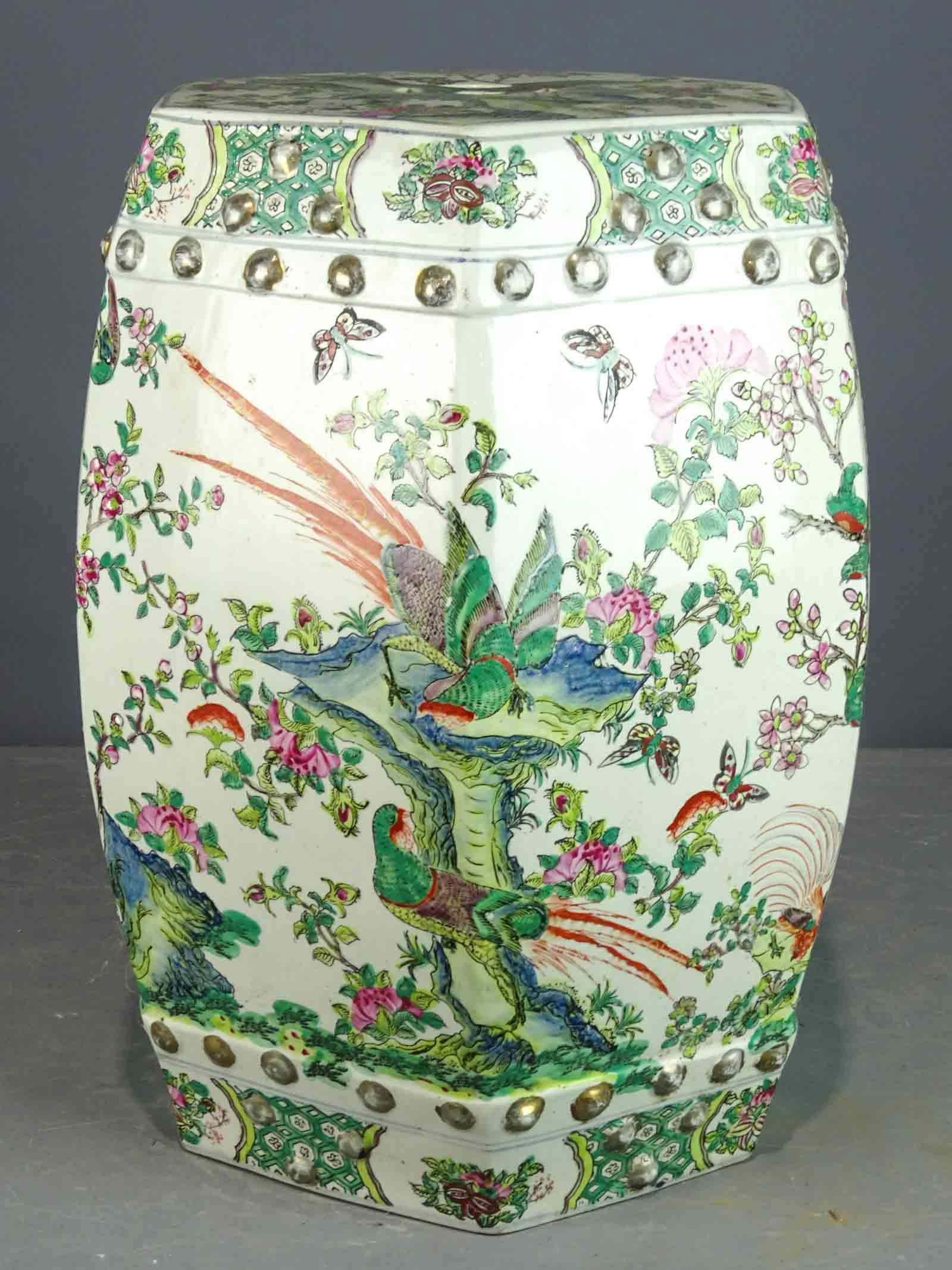 Asian Porcelain Garden Seat: Asian peacock motif porcelain garden seat. 18 1/2" Ht..