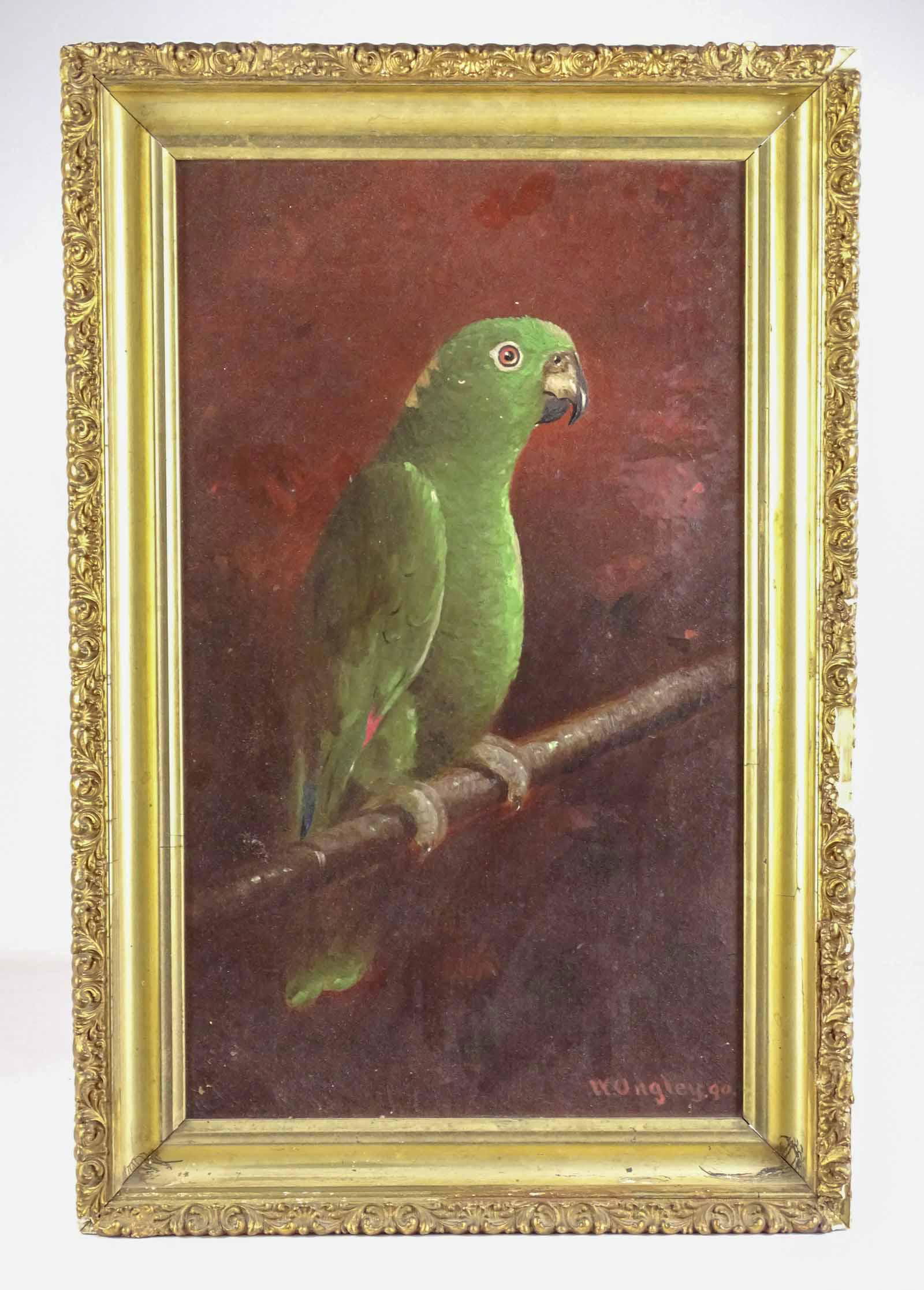 Parrot Antique Painting by Ongley: William Ongley (1836-1890). Green Parrot on a Branch. Oil on Canvas. Signed lower right W. Ongley and dated 1890. Gilt frame, having losses. 20" x 12", overall 23 1/2" x 15 1/2".