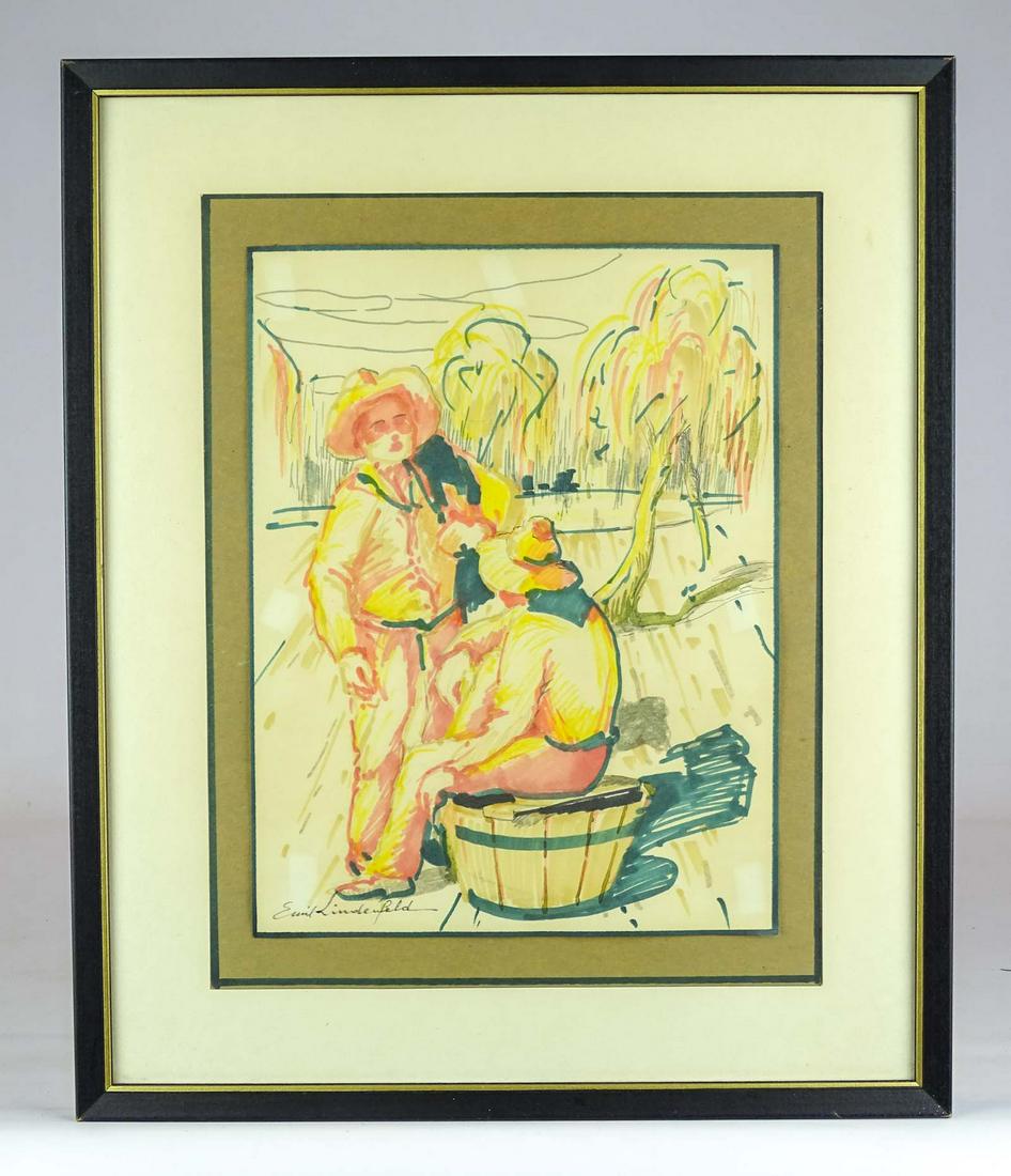 Watercolor of 2 Workers by Lindenfeld: Emille (Emil) Lindenfeld, Hungarian (1905-1986). Signed lower left and titled verso "A Varakoza's." Sight 12" x 9", overall 18" x 15".