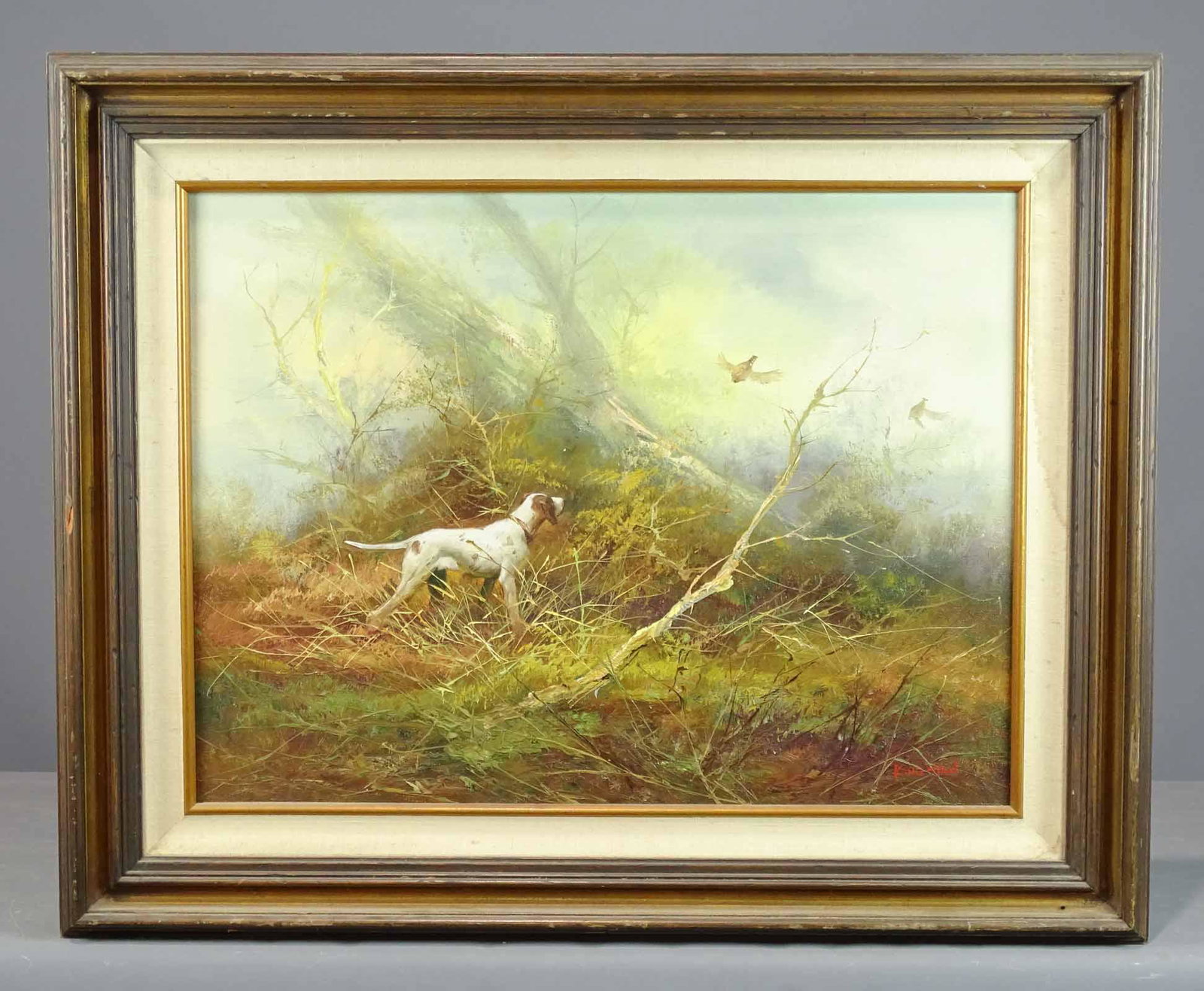 Painting: O/C Bird Hunting: Oil on canvas painting bird hunting in the fall with bird dog. Signed "Kingman". Sight 18" x 24". Frame 25 1/2" x 31 1/2".