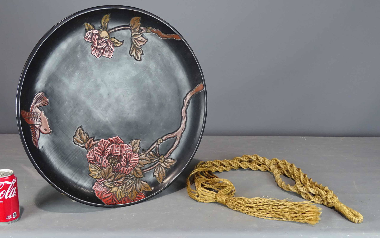 Platter: Lacquer platter with hanging rope. 20 1/2" Dia..