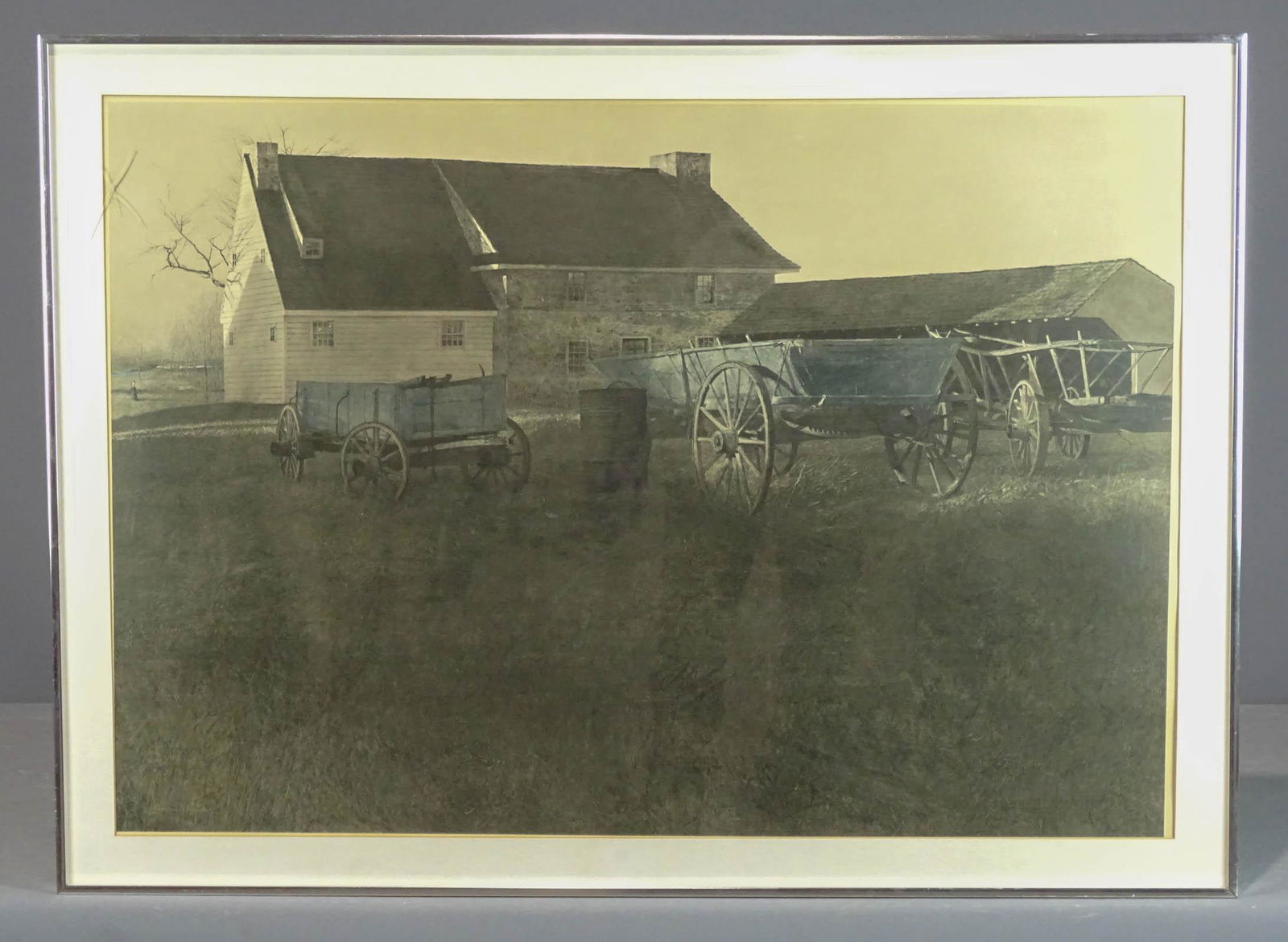 Andrew Wyeth Print: Andrew Wyeth print, 25 1/4" x 36", frame 29 1/2" x 40 1/2", Mat stamped "A W". (Plexiglass is damaged)