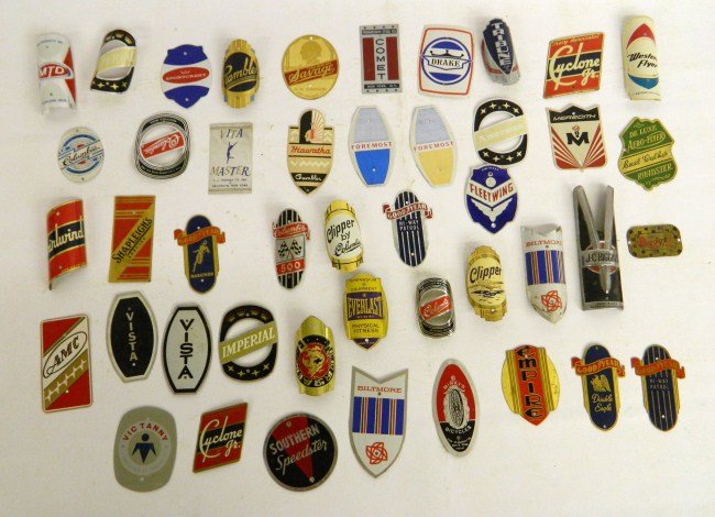 Bicycle Head Badge Lot: Head badge lot (mostly new old stock in excellent condition) (44) different examples, mostly balloon makes.