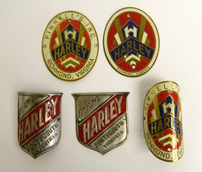 Bicycle Head Badge Lot: Head badge lot (5 ) Harley Richmond and Portsmouth Va. Good to exc. cond.