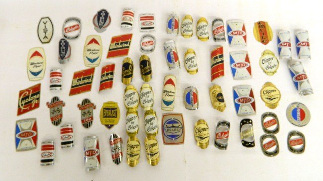 Bicycle Head Badge Lot: Large head badge lot (mostly new old stock) (60) examples, includes duplications.