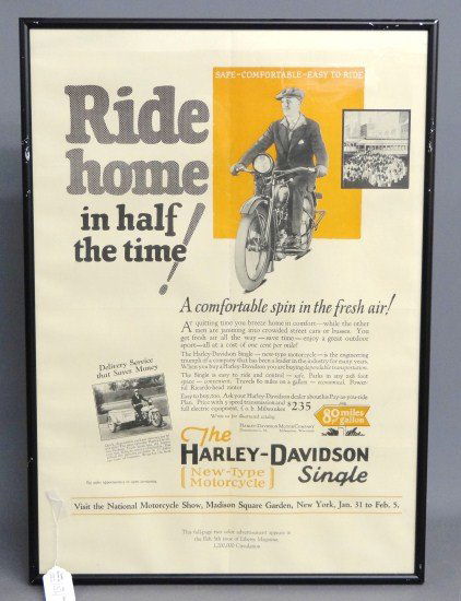 Harley Davidson Poster: c. 1925 Harley Davidson poster. Full page two color poster advertisement as appeared in Liberty Magazine Feb 5th. "Ride Home - In Half The Time!". Framed 32" x 23", was folded, VG cond.