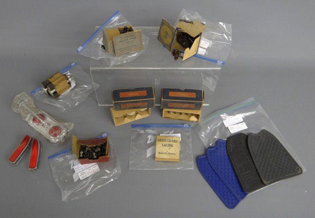 Bicycle Parts Lot: Collection of old bicycle shop NOS and used parts and bench stock in original boxes, including: Diamond brand snap on connecting links, dress guard lacing, (2) Schrader (c. 1930's) cycle valves, Stewa