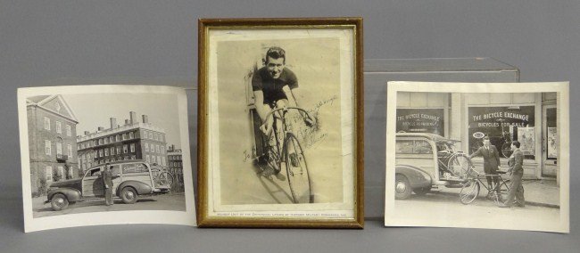 Bicycle Photo Lot: Racer Jackie Sheehan photos autographed early racing photo (imperfections) and later photos of him with Bev Olken at The Bicycle Exchange in Cambridge, Ma.. 8" x 10".