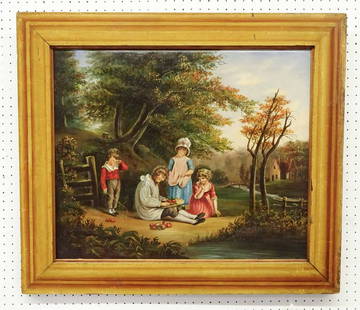 19th c. Painting of Children: Painting: 19th c. genre subject with children, oil on canvas. Sight 23 1/2" x 28 1/2", 31 1/2" x 37" overall.