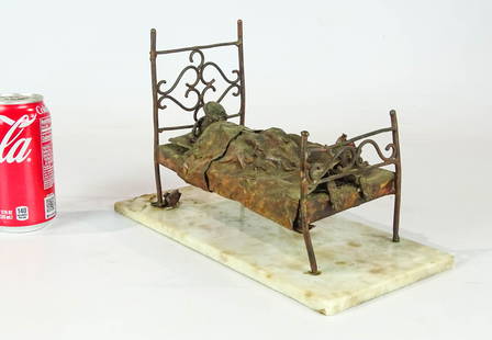 Jim Lewk Sculpture: Jim Lewk copper bed sculpture on marble base. Signed and dated 1974 on marble. 12" x 6" x 7 1/2".