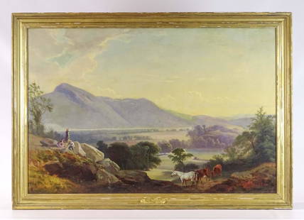 Attributed to Asher Brown Durand (1796-1886): Painting: Attributed to Asher Brown Durand (1796-1886), version of "Dover Plain". Oil on canvas. Gilded frame. Faintly marked in grease pencil upper stretcher left "AB Durand / 1866 (or 8)". 28" x