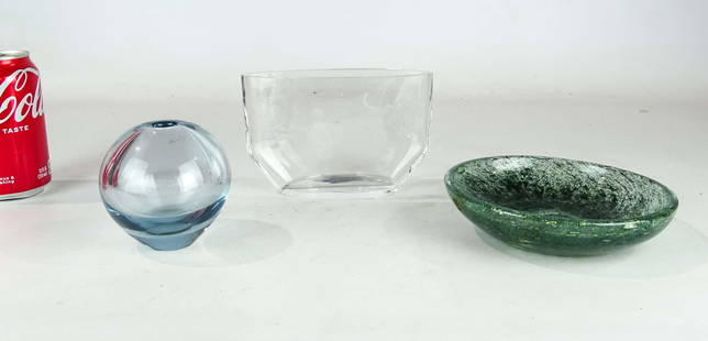 Art Glass Lot: Lot (3) pieces of art glass including Orrefors vase (6" x 4 1/2" Ht.), C> 1960's Danish Holmegaard vase (3 1/2" Ht.), Italian bowl (6" D.).