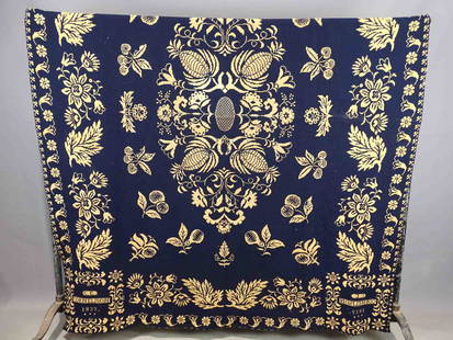 19th c. Coverlet: 19th c. blue and white coverlet. Signed and dated C.E. CORNELISON 1837.