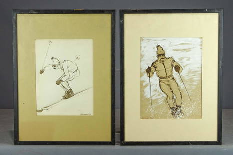 S. Roseman Artwork: Lot (2) signed S. Roseman ski subjects. Gouache or watercolor. Sights 12" x 9", overall 20" x 15".