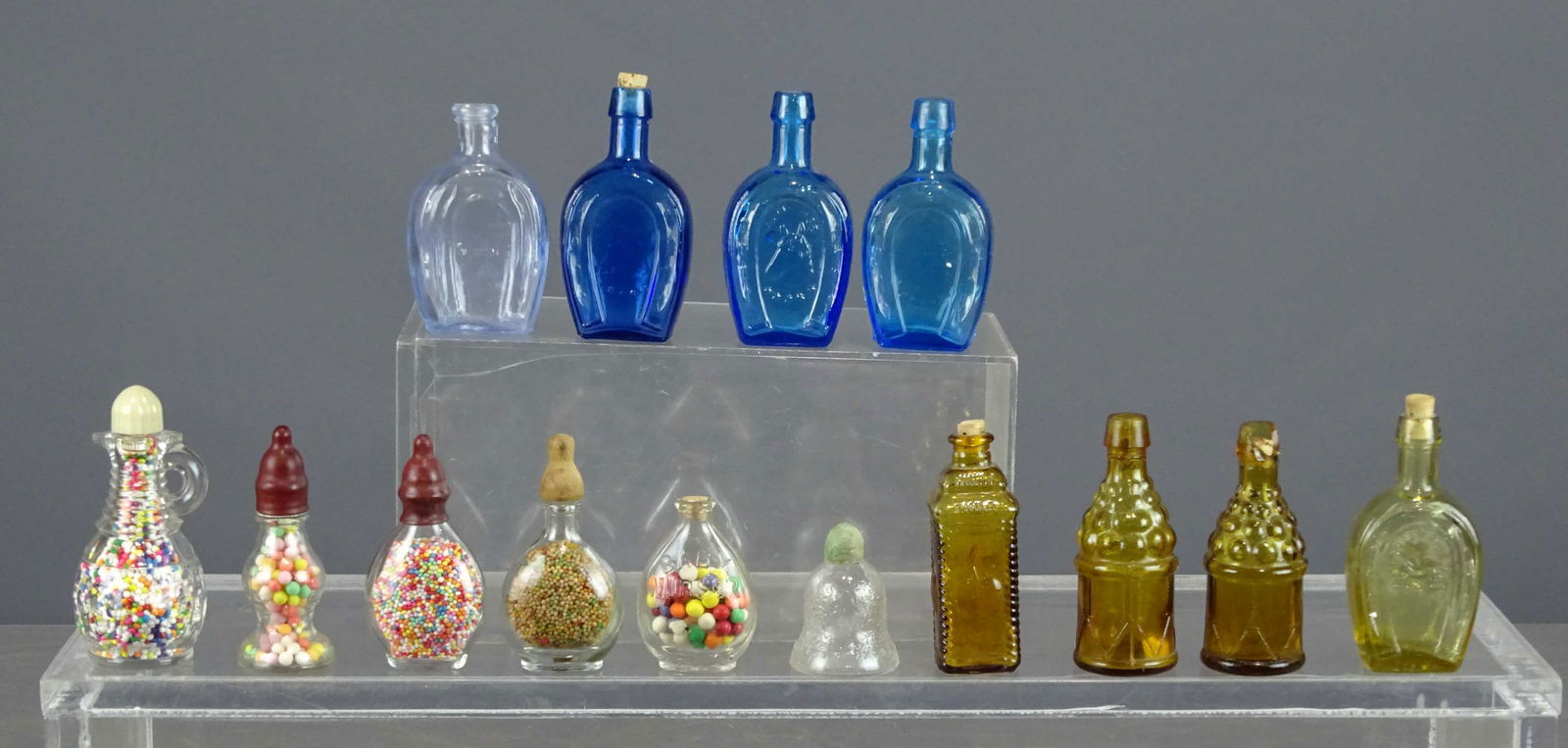 Bottles & Flasks Lot: Lot (15) miniature bottles and flask (including candy containers). One chipped.