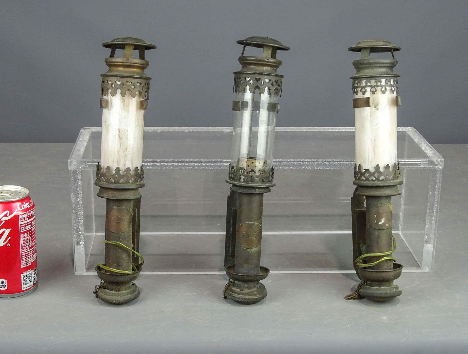 Three 19th c. Coach Lights: Lot (3) early Coach lights. Brass with glass shades. 12" L..