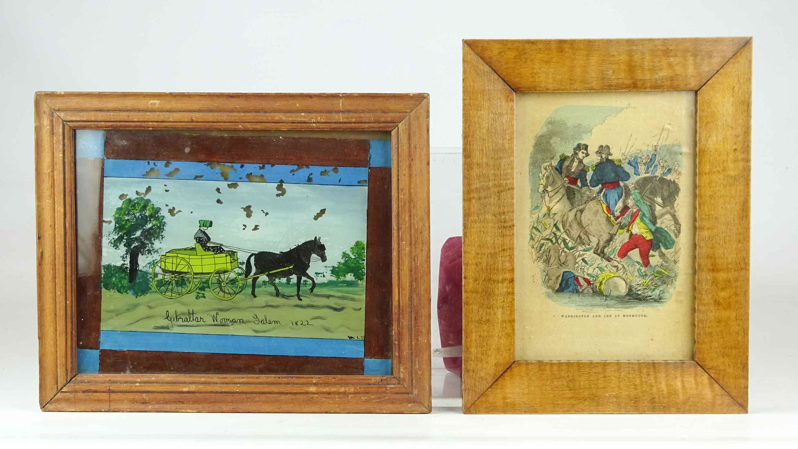 Misc. Lot: Lot including maple frame with print (overall 10 1/2" x 8"), along with framed reverse painting "Gibraltar Woman Salem 1822", (overall 9" x 11").