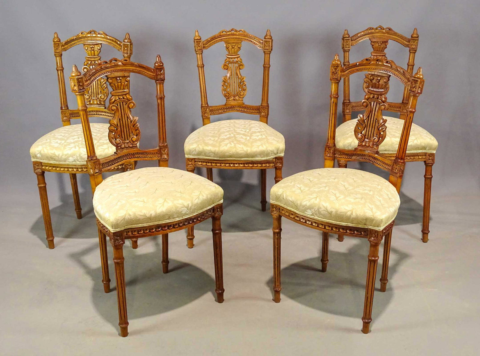 Set of Continental Chairs: Set of (5) carved Continental chairs. 19" seat Ht., 35 1/2" overall Ht.. As found.