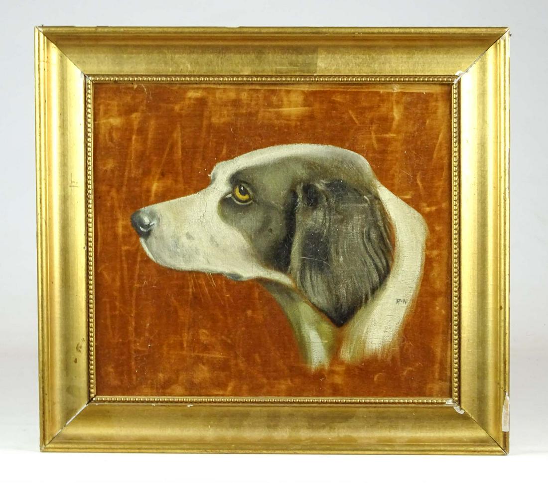 Velvet Painting of a Dog: C. 1900 velvet painting of a dog. Frame coming apart. Overall in frame 12 1/2" x 13 1/2".